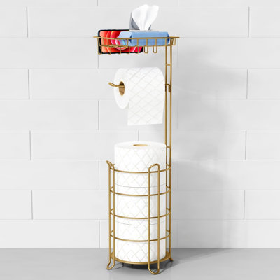 Porte-papier hygiénique sur pied en métal avec support pour téléphone et plateau de rangement pour lingettes
