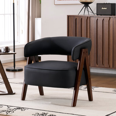 Extra Wide Armchair With Wood Legs, Fabric Upholstered Accent Chair With Wingback, Mid-century Modern Barrel Chair With Curved Arms, Thick Cushion For by George Oliver
