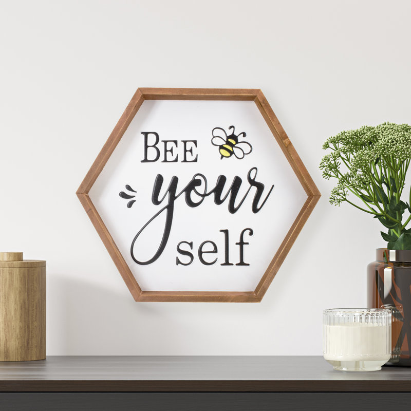 16 décorations murales en bois «Bee Yourself» avec cadre en bois et plateau de table