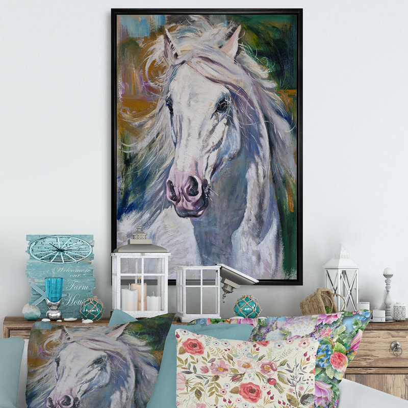 Magnifique cheval blanc - peinture, H 12 po x l 8 po x P 1 po, Cadre flottant noir