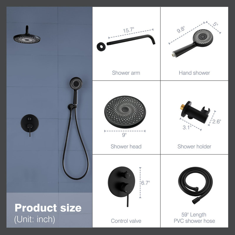 9 Inch Wall Mounted Shower System With Hand Shower Single Handle Complete Shower Faucet Set High Pressure Brass Shower Trim Kit With Rough-In Valve