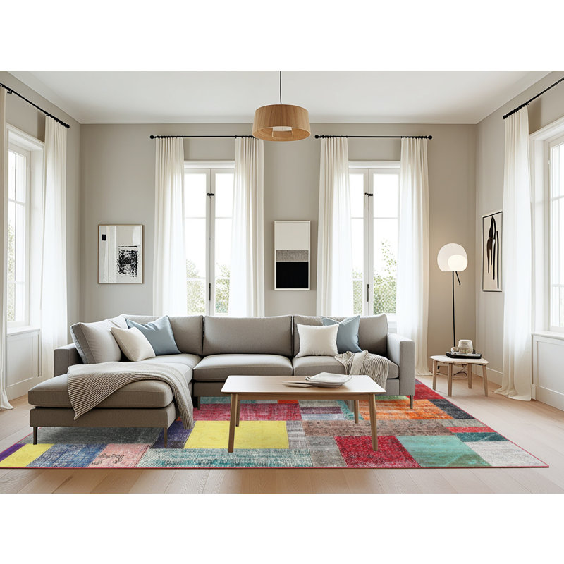Tapis patchwork gris / jaune / rouge, Rectangle 8 pi x 10 pi