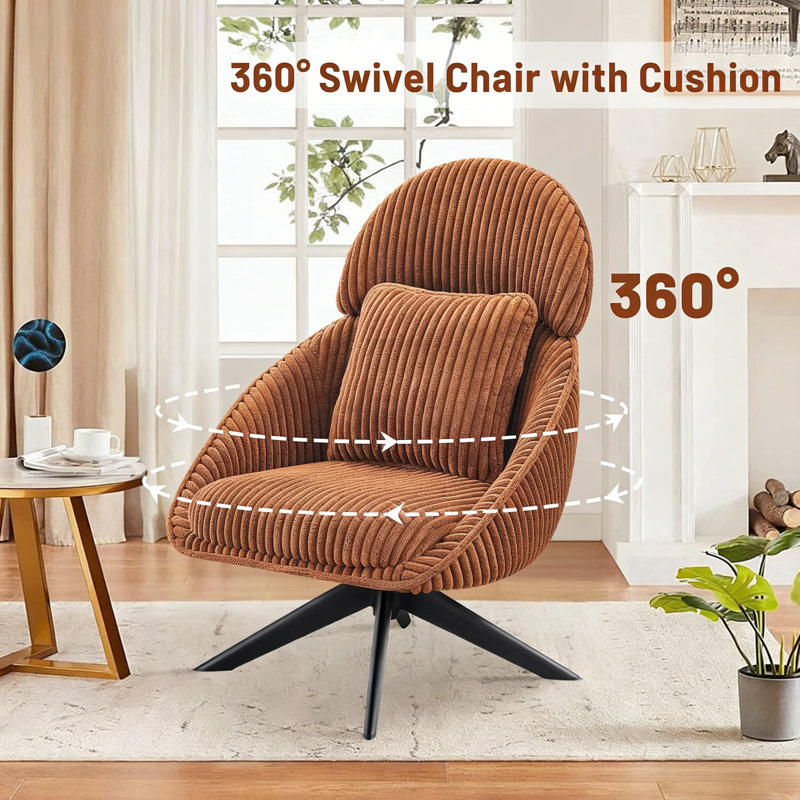Areyah Swivel Accent Chair with Pillow Comfy Lounge Chair, Orange Corduroy