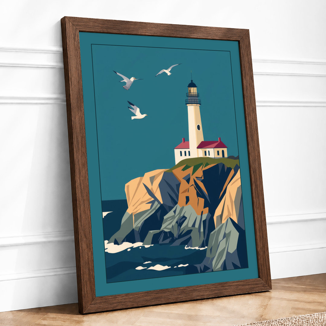 Lighthouse at Rocky Shore Coastal - Framed Print
