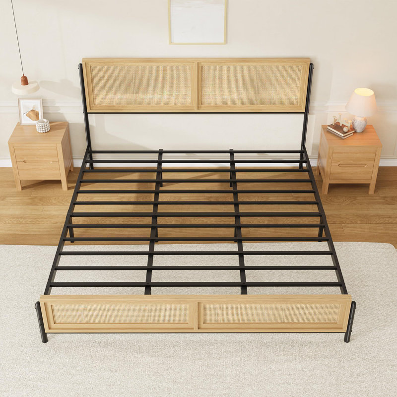 Cadre de lit Boho avec tête et pied de lit en rotin naturel, Très grand lit