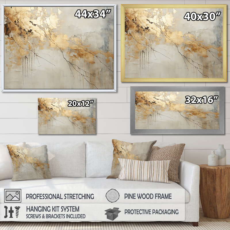 Art mural grand beige et or VI - formes abstraites, Toile tendue, H 30 po x l 40 po x P 1,5 po