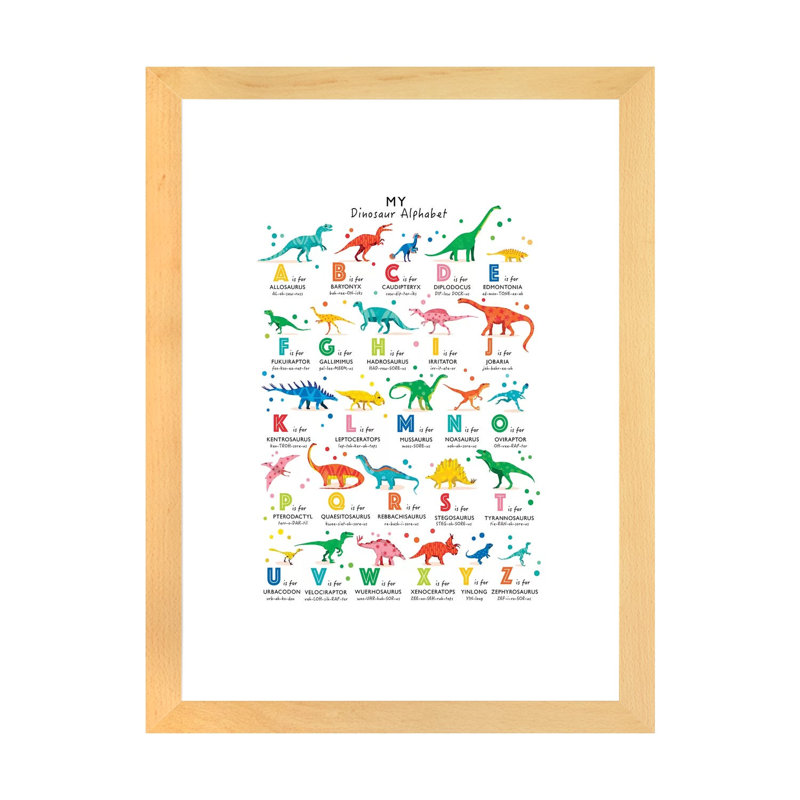 Dinosaur Alphabet - impression d'art graphique, H 24 po x l 16 po x P 1 po, Blanc, Papier avec cadre beige