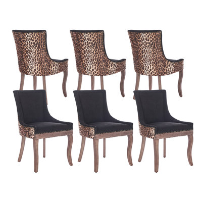 Ensemble de 6 chaises de salle à manger rembourrées, chaises de salle à manger en tissu, chaises de cuisine et de salle à manger, chaises de cuisine de ferme avec dossier haut, pieds en bois massif, garniture cloutée (imprimé léopard)