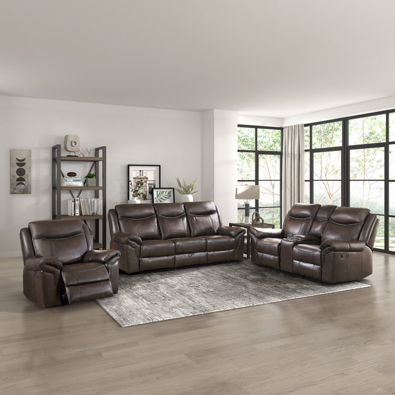 Bayshore Modern & Contemporary Breathable Faux Leather 3-Piece Living Room Set with Integrated Power Console, Tab Pull Recline & USB Charging Ports