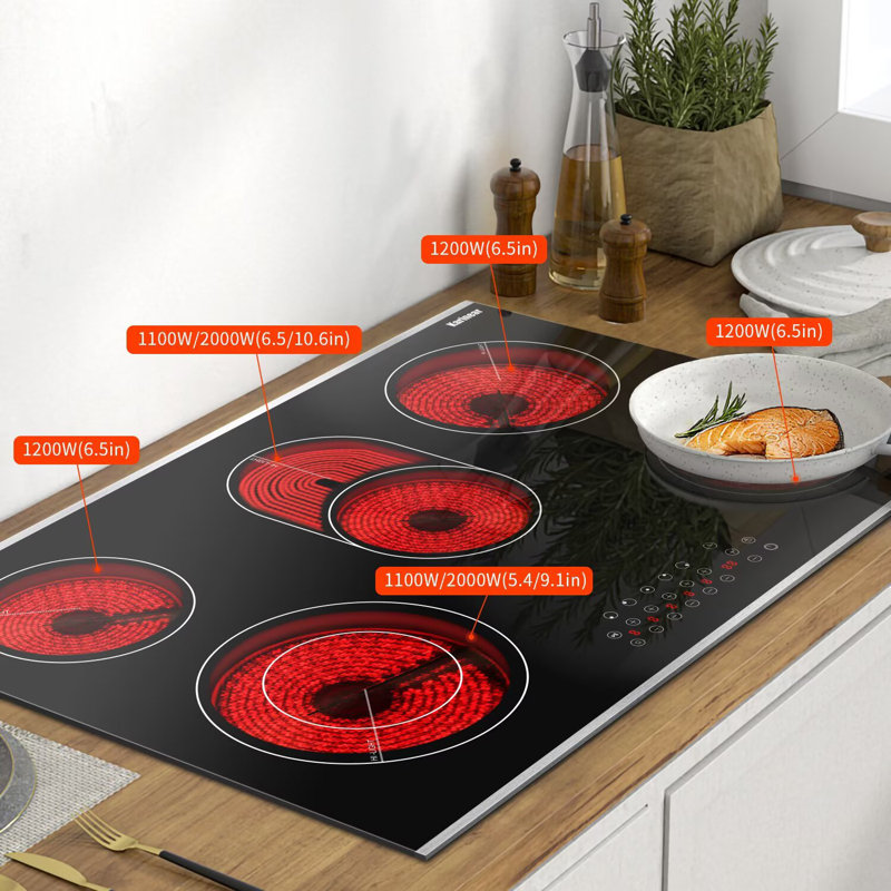 Karinear 5 Burners Electric Cooktop 30" Electric Stove Drop-in Electric Radiant Cooktop with Lock, Timer, 8400W, 220-240V, Hard Wire, No Plug