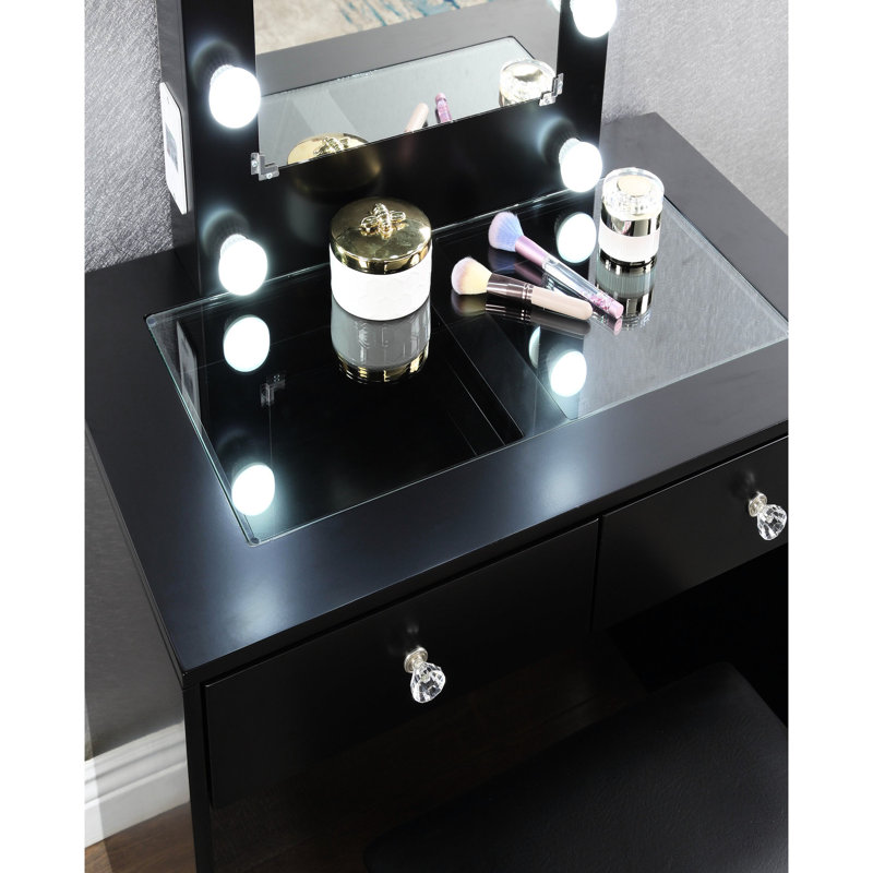 Coiffeuse et tabouret de maquillage noir 10 lumières avec douille, prise électrique et 2 tiroirs pour l'ensemble de luxe