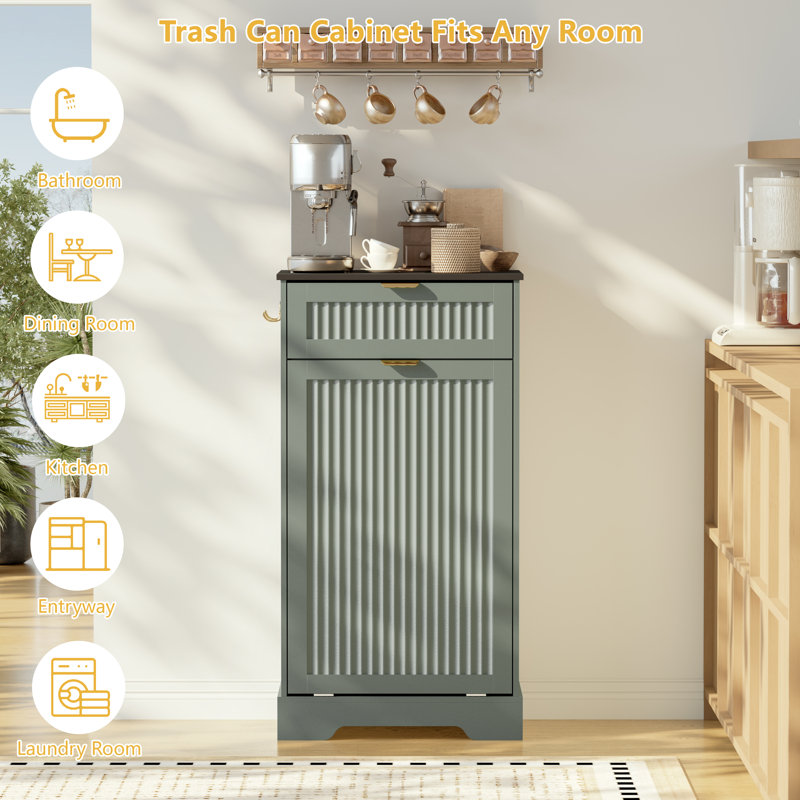 Armoire à poubelle basculante de 13 gallons avec tiroir de rangement et crochets, 13 gallons, Vert