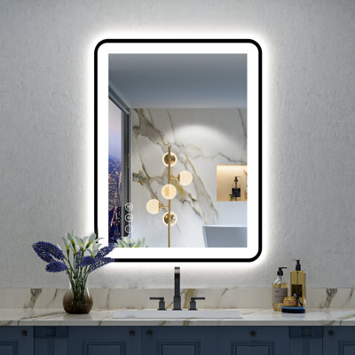 Hyosvany Matte Black Matel Framed LED Vanity Mirror with Front-lit and Back-lit, Memory Function, 3 Color Temperatures, Dimmable Light & Anti-fog Tempered Glass Mirror