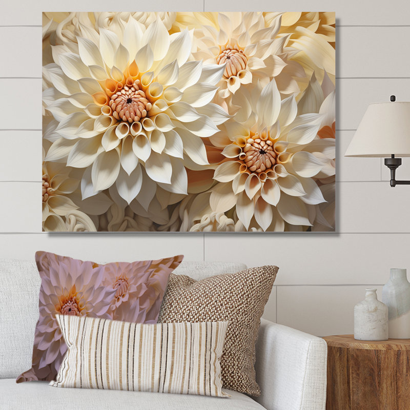 Dahlia blanc minimalisme sur toile, H 16 po x l 32 po x P 1 po, Toile tendue