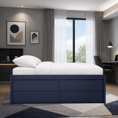Lit capitaine simple avec 4 tiroirs de rangement, porte de rangement latérale, cadre de lit plateforme en bois avec support à lattes, lit de rangement peu encombrant
