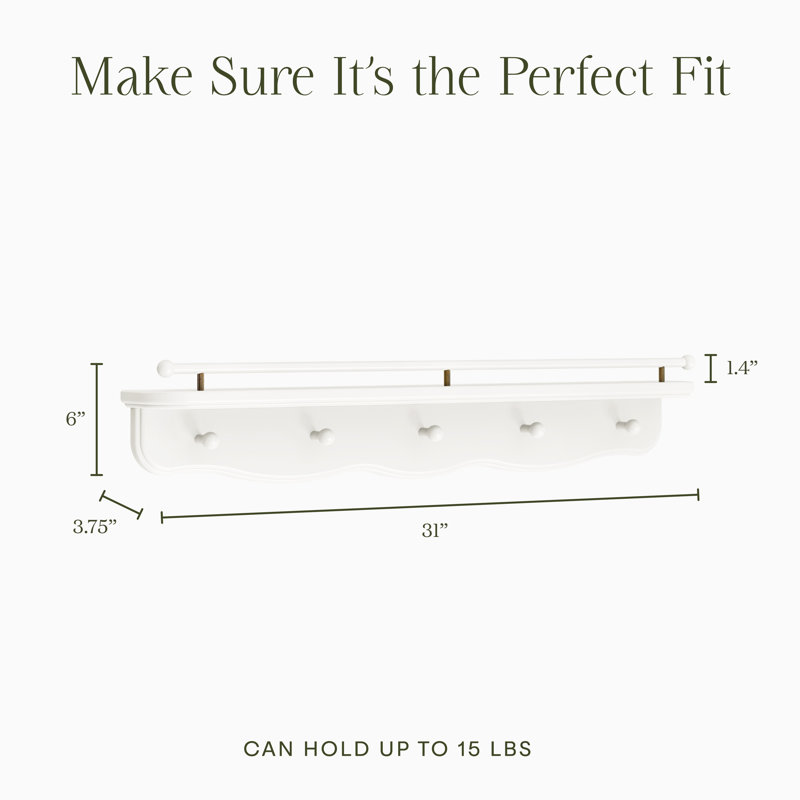 Liberty 31" Wall Shelf with Hooks, Warm White
