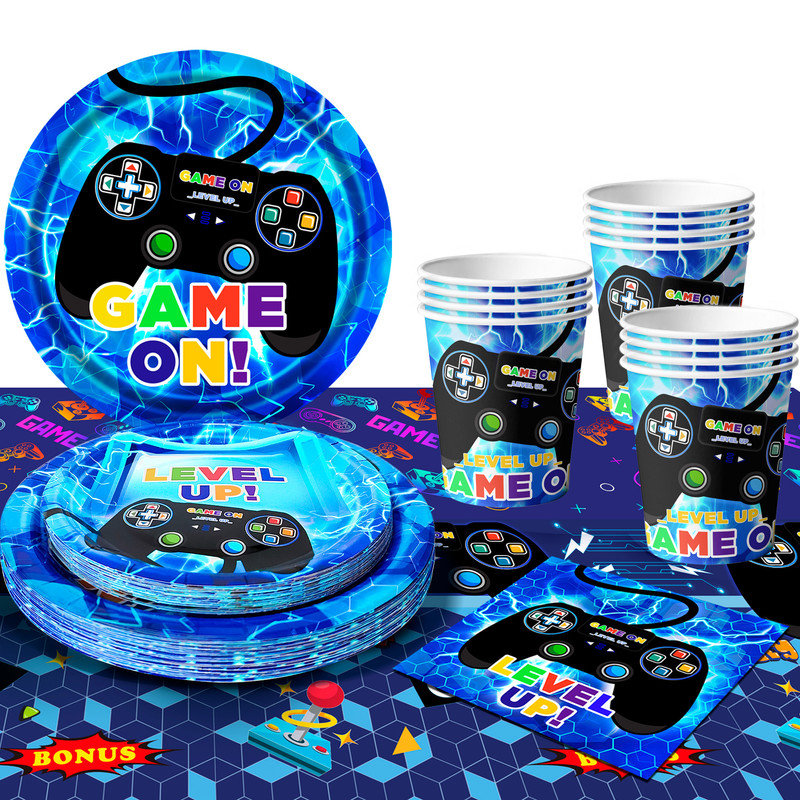 Gamer Birthday Decorations Blue, 65pcs Gaming Party Tableware Set,Serves 16