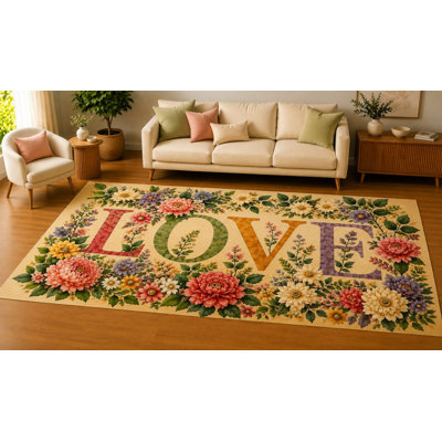 Tapis d'intérieur « Ultra Fin » 152 x 213 cm, motif floral vintage LOVE, doux et à poils courts, avec envers antidérapant en silicone, pour salon, chambre ou salle familiale, beige et rose.