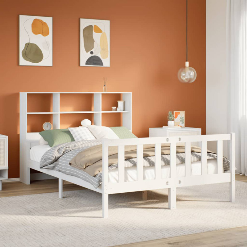 Solid Wood Bed with Shelf, without Mattress, 160 x 200cm, White