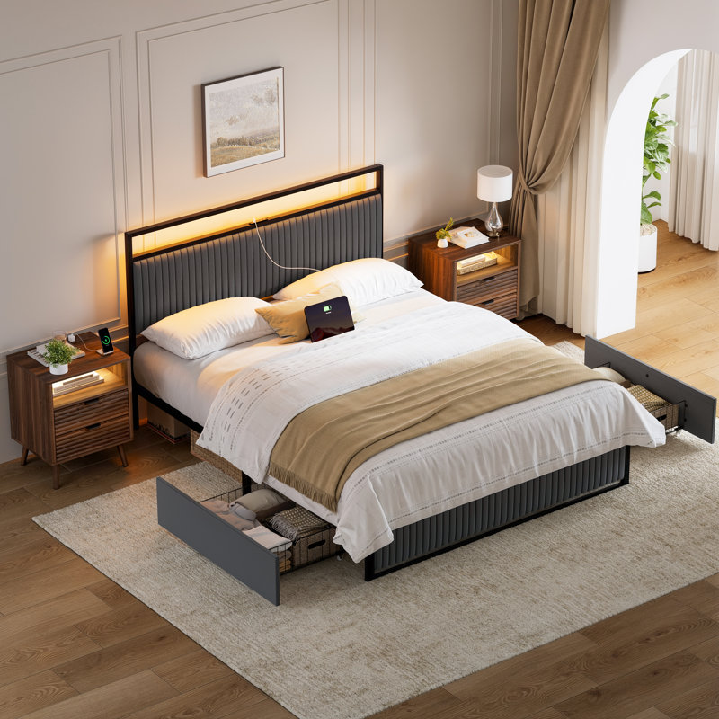 Ensembles de chambre à coucher 3 pièces Grise, lit tapissier avec 2 tiroirs et table de chevet 2 vagues, Gris/noyer