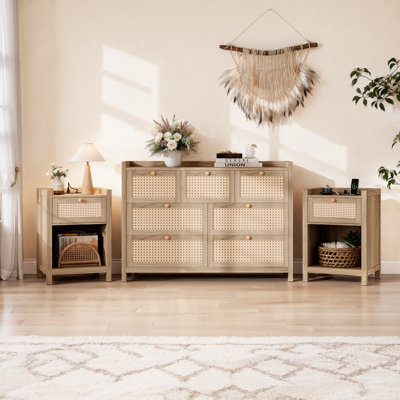 3-Piece Bedroom Set, 47.2" Rattan 7-Drawer Dresser and Two 17" Nightstands with Charging Station