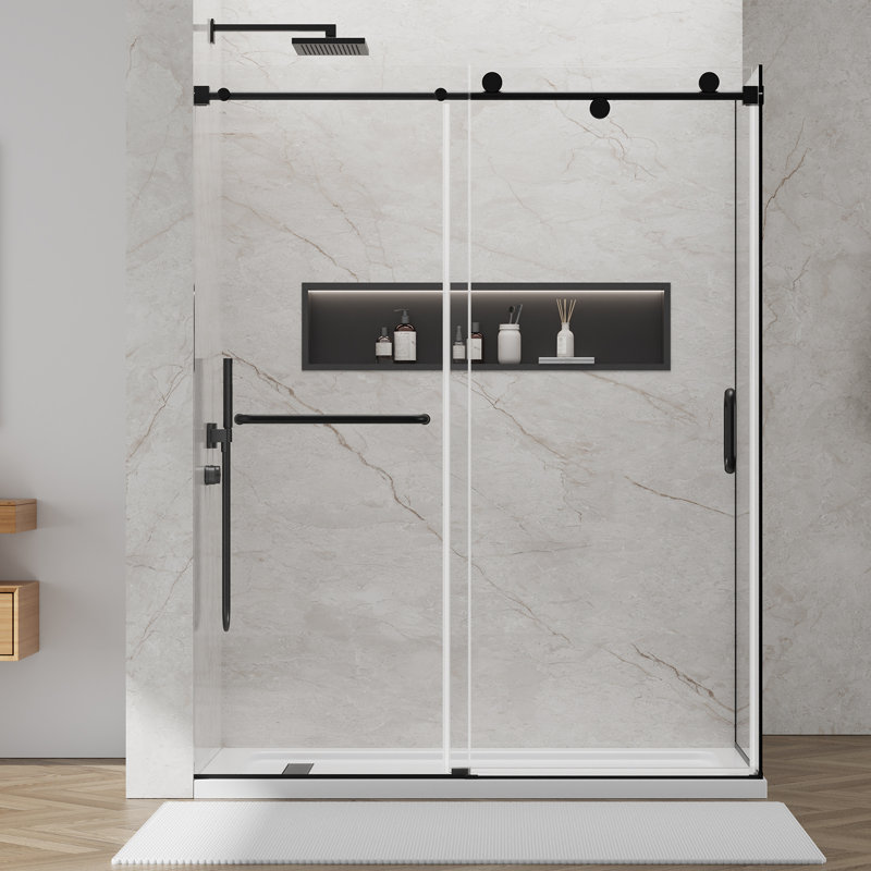 56-60" W X 32" D X 76" H Frameless Sliding Shower Door,  Single Sliding Door Frameless Shower Enclosure 5/16"(8mm) Thick Tempered Clear Glass with Nano Coating, Stainless Steel Hardware, Matte Black
