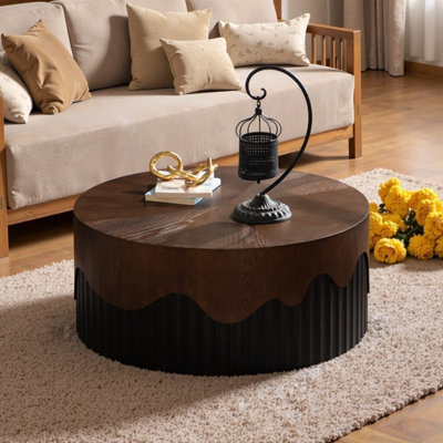 Table basse 30,31 "ronde en noyer moderne et piédestal noir - relief fabriqué à la main, aucun assemblage requis