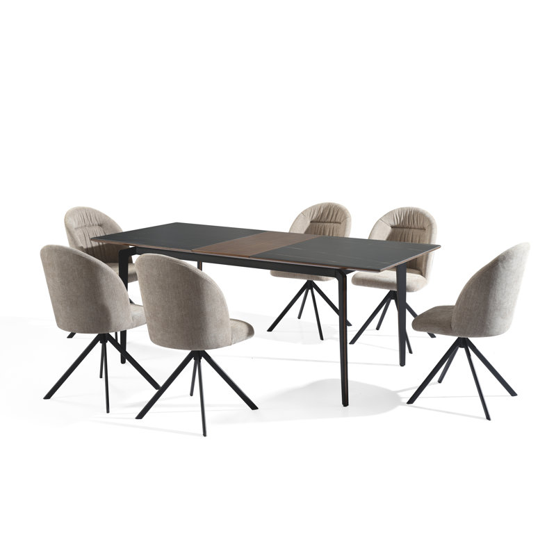 Ensemble de salle à manger 7 pièces Arguello avec plateau en bois et pierre frittée, Gris, Brun, Noir