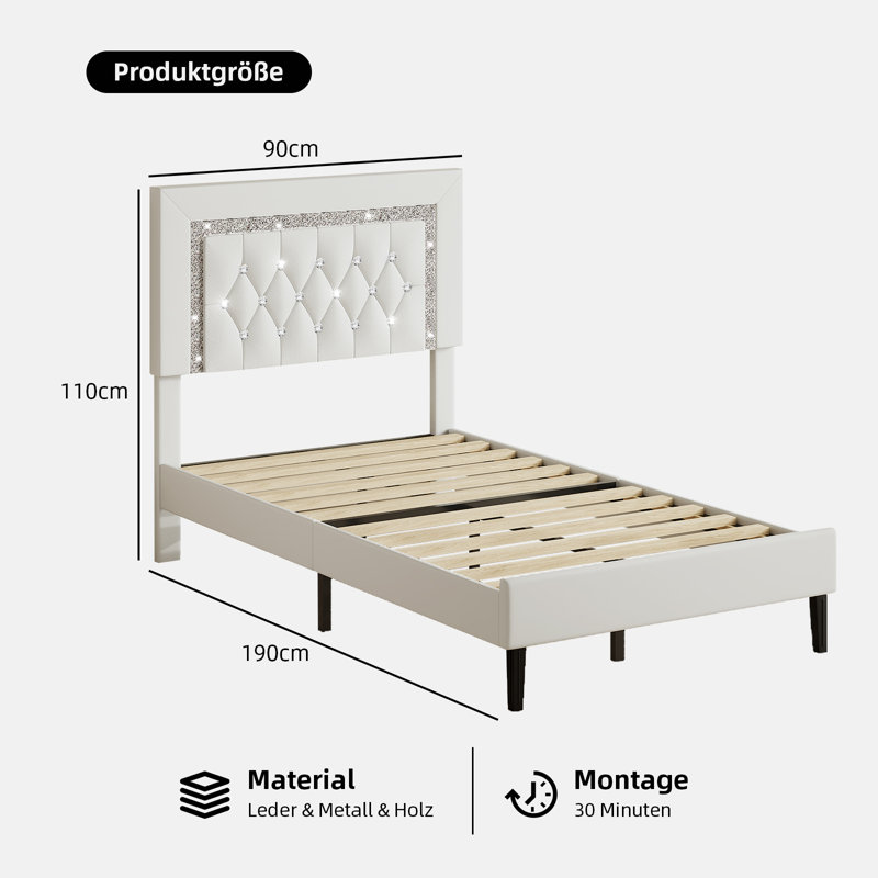 Upholstered Bed, 90x190, White
