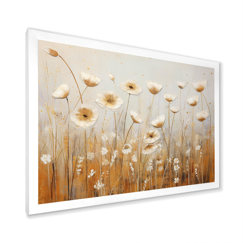 Beige fleurs de jardin murmures II, Cadre simple blanc, H 24 po x l 32 po x P 1 po