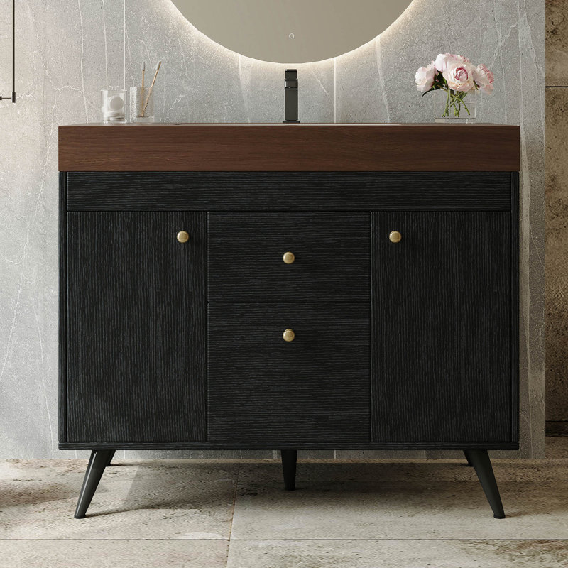 Meuble-lavabo autoportant moderne de 36 po avec plateau en pierre frittée, lavabo en céramique et rangement intelligent