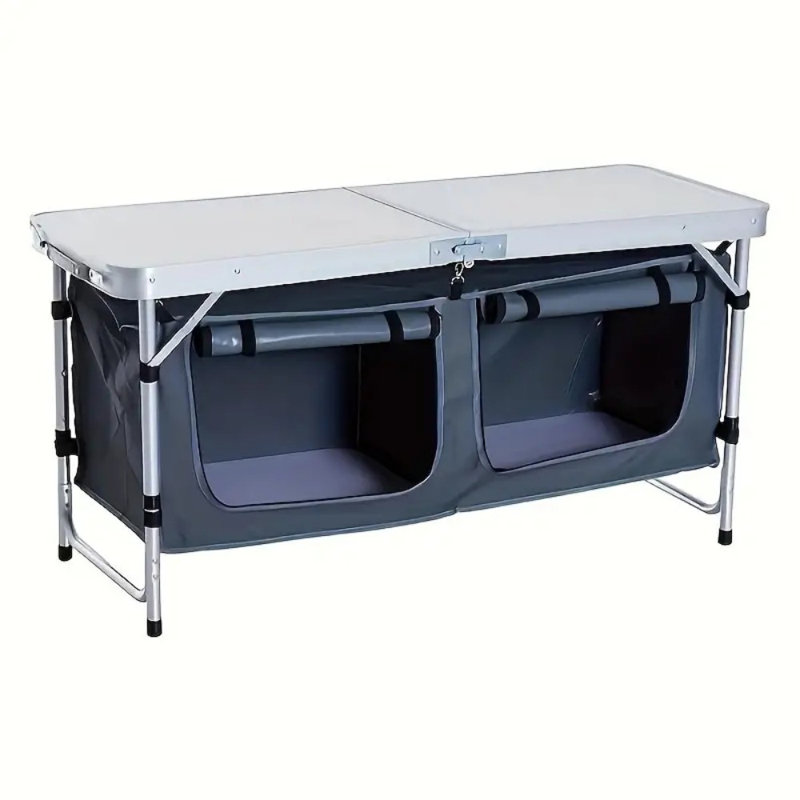 Table de camping pliante en aluminium 47 po, table de pique-nique d'extérieur à hauteur réglable avec poignée de transport et armoires de rangement