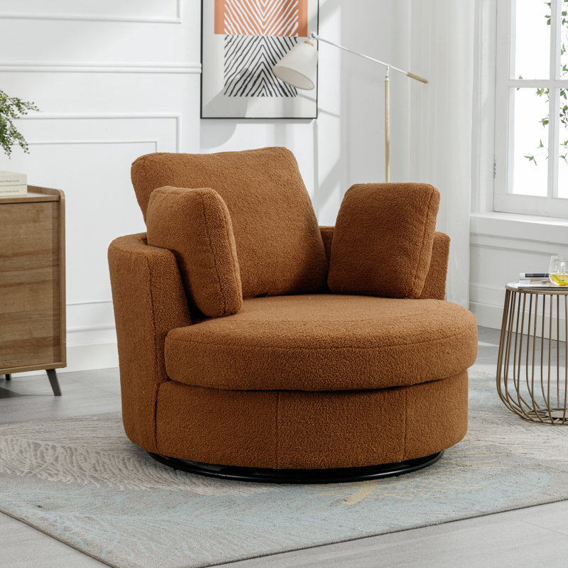 Achorn 42" W Recessed Arm Slipcovered Swivel Barrel Chair, Caramel Sherpa