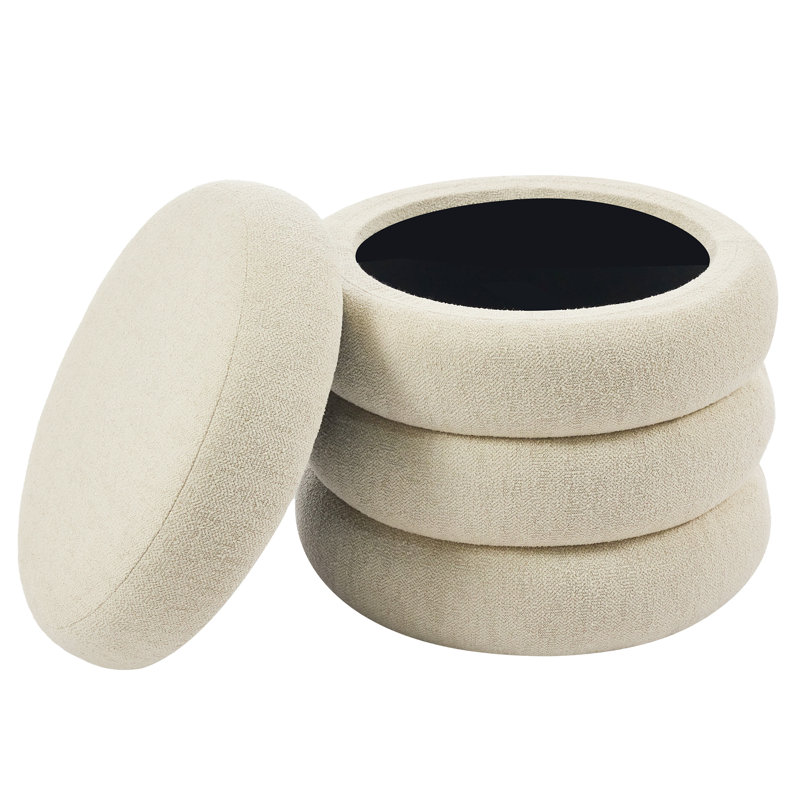 Repose-pieds rond avec rangement en velours / lin Leiani, Lin beige