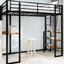 Lit à structure en fer avec rampe et escalier pour chambre de jeunes, noir, structure peu encombrante utilisée des deux côtés-130574643