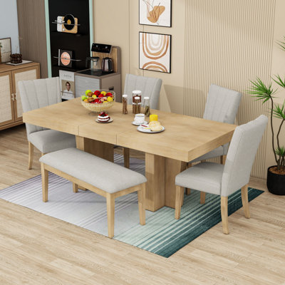 Farmhouse Extendable Solid Wood Dining Table Set for 6 with 4 Upholstered Chairs and Bench