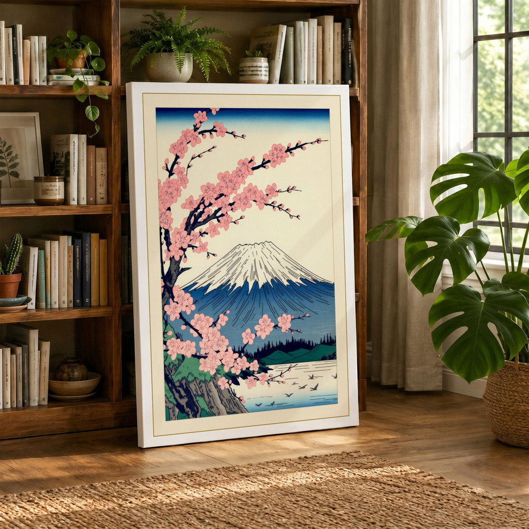 Fuji Under Cherry Blossom Japandi - Wrapped Canvas