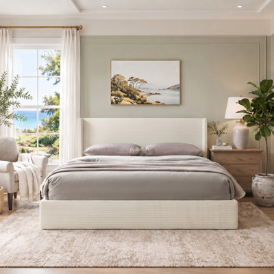 Classic Wingback Upholstered Bed with Lift-Up Storage, Queen, Cream Corduroy
