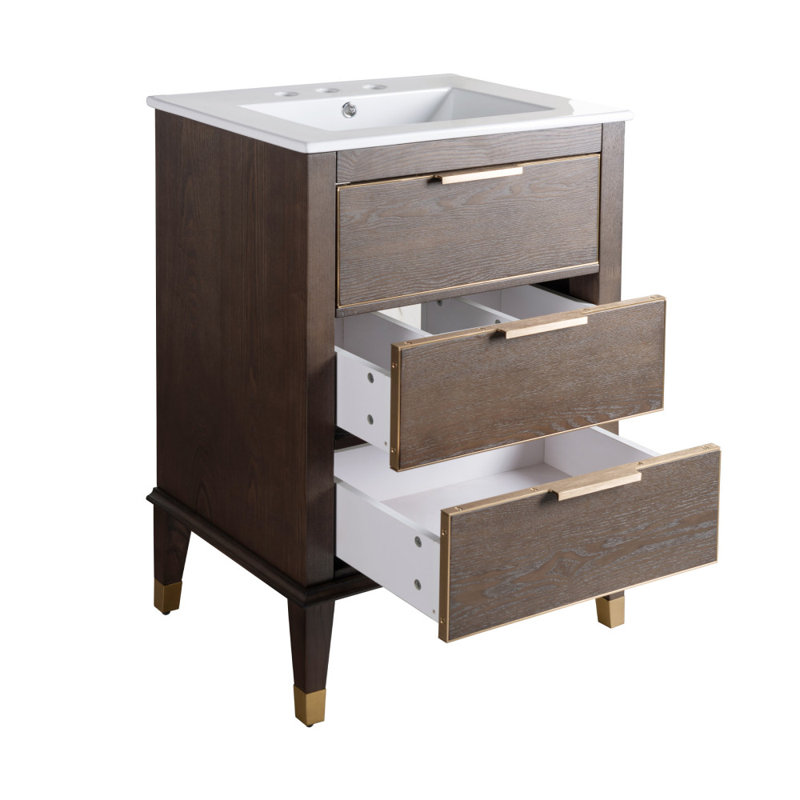Meuble-lavabo 24 po Hugo en noyer, Blanc lustré, Ensemble central de 4 po
