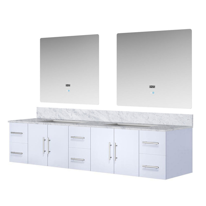 Meuble-lavabo double blanc brillant l 84 po x P 22 po, comptoir en marbre de Carrare et miroirs à DEL 36 po