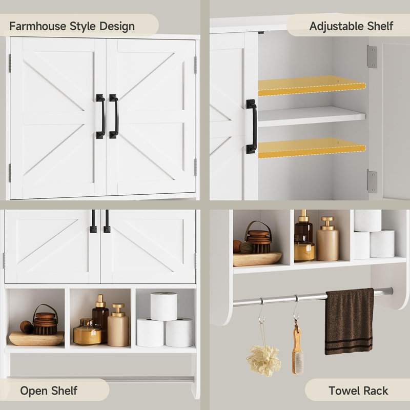 Bathroom Wall Cabinet with Towel Bar, Vintage White