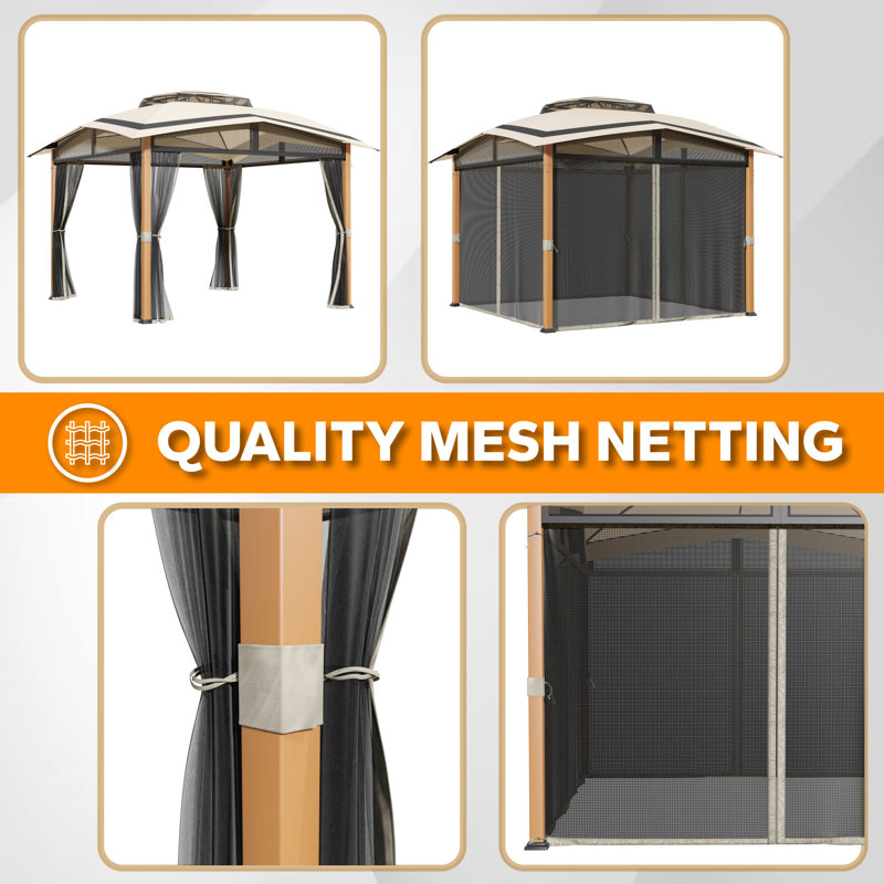 11 Ft. X 11 Ft. Octagon Gazebo With 2-tier Beige Canopy Roof, Steel Frame Soft Top Gazebo With Ceiling Hook And Mosquito Netting