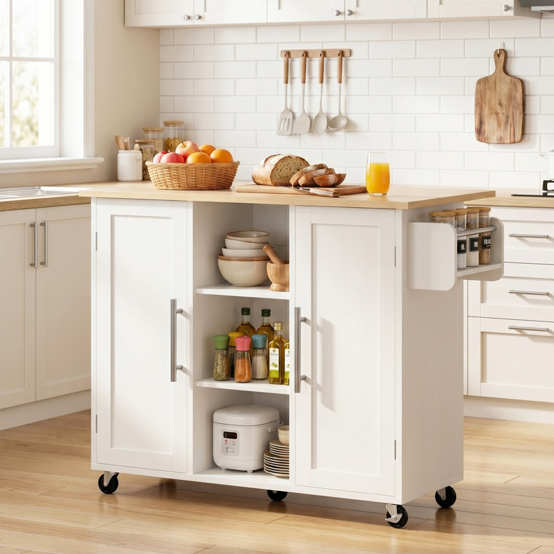 Îlot de cuisine mobile 42 "avec abattant, bar à roulettes avec armoire de rangement et roulettes verrouillables, Blanc