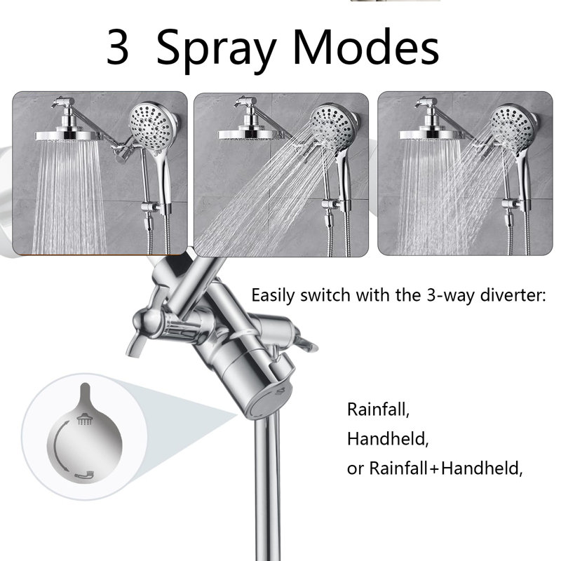 Pommeau de douche haute pression 1,8 GPM avec douchette à main, double pommeau de douche avec bras d'extension réglable, inverseur 3 voies, douchette à main 9 jets, flexible de 175 cm.