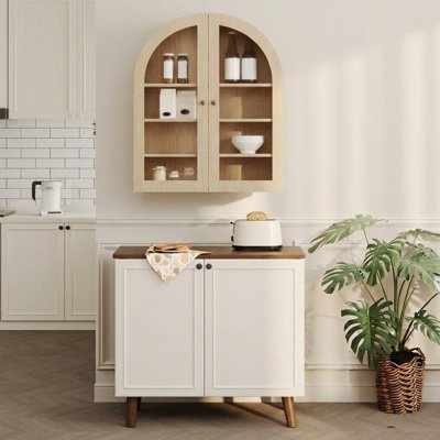 Arched Wall-Mounted Medicine Cabinet, Wood Storage with Acrylic/Glass Door, Adjustable Shelves, Small Hanging Organizer for Bathroom/Kitchen/Entryway - Oak