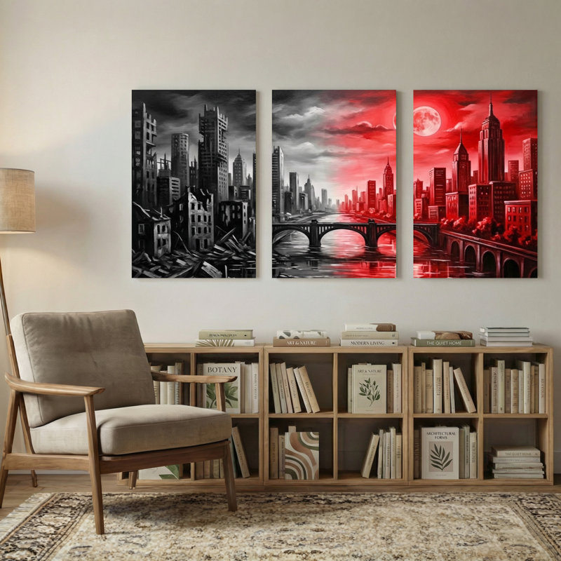 Paysage urbain paysage et nature avec lune rouge et pont, H 36 po x l 72 po