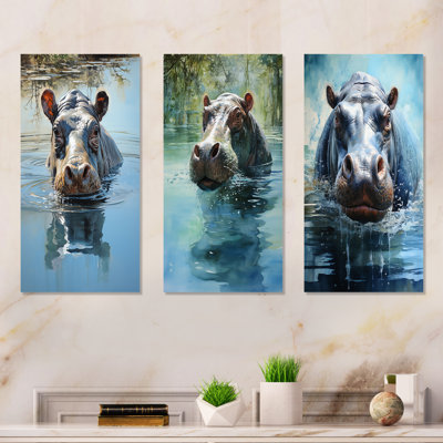 Grey Powerful Hippo Waters Reflect I - Hippopotamus Canvas Art Print Set Of 3