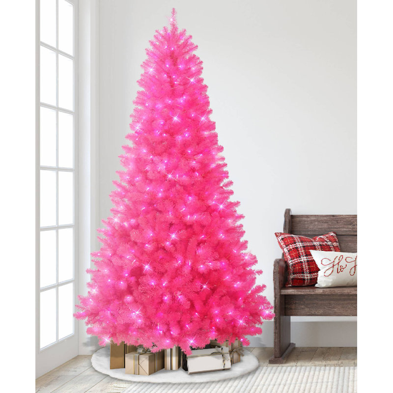 Arbre vert foncé 7,5 pi pré-éclairé en PVC / Hardneedle, Rose