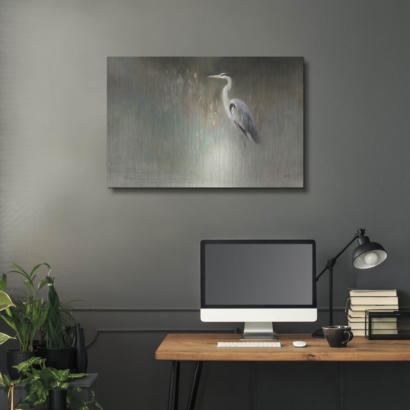 Art mural en métal «Peaceful Egret Teal C» par Julia Purinton, H 24 po x l 36 po