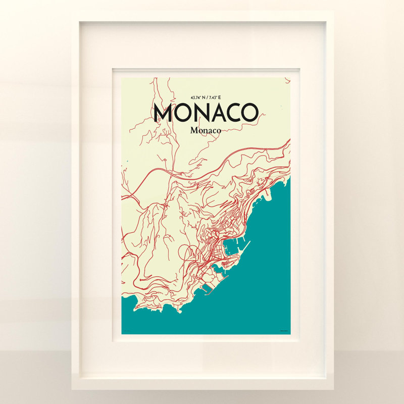 Monaco City Map In Tricolour - No Frame Print, 27.6cm H x 19.7cm W x 0.05cm D